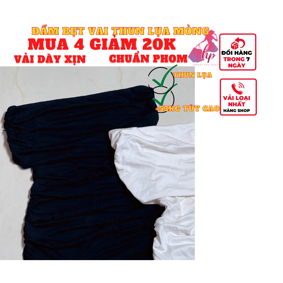 Váy đầm nữ bẹt vai ôm body nhún thun lụa màu trắng đen sang chảnh phong cách sexy dễ thương-VD105