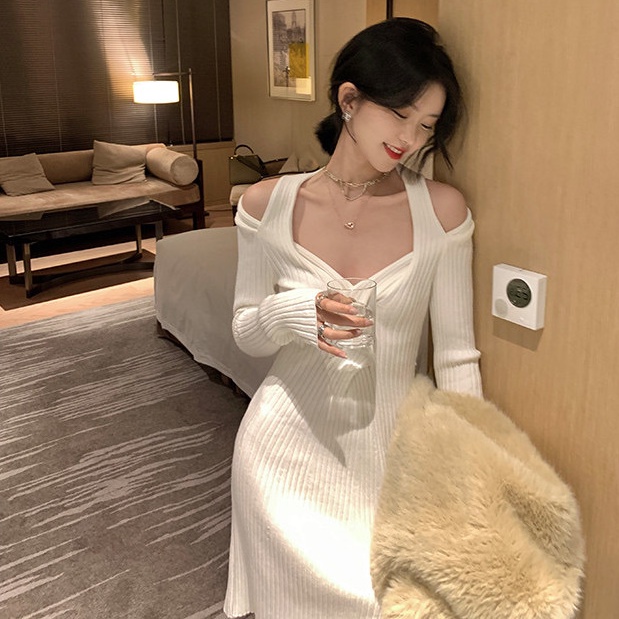 SUXI Đầm Dệt Kim Tay Dài Trễ Vai Thiết Kế Mới Quyến Rũ