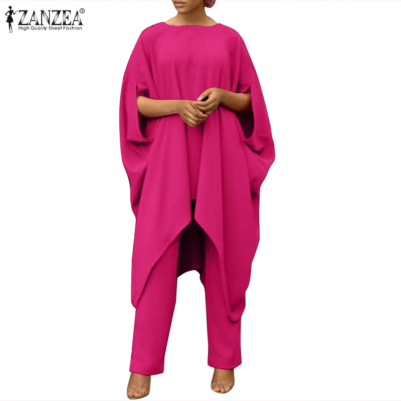 Bộ trang phục ZANZEA gồm áo cổ rộng tay cánh dơi và quần dài màu trơn cho nữ