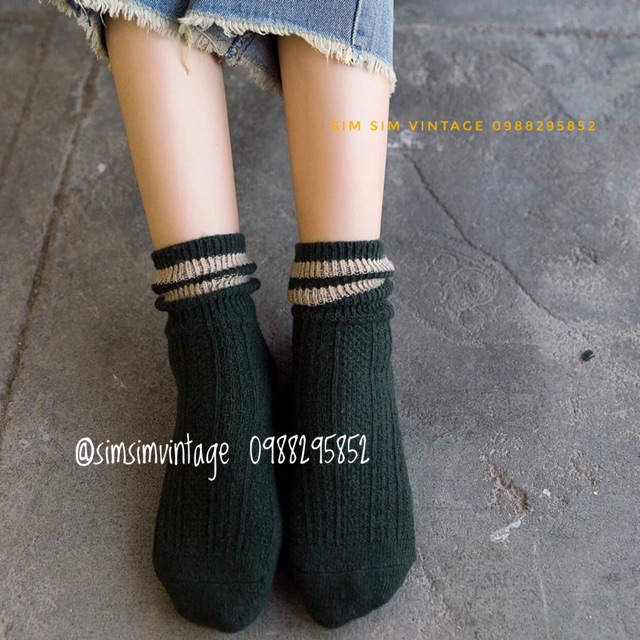 Tất len Vintage sọc cao cổ Vintage