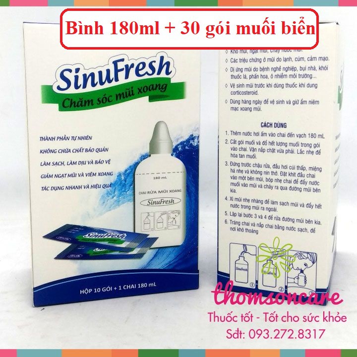 Bình rửa mũi xoang Sinufresh tặng kèm 30 gói muối làm sạch mũi, giảm khô mũi - Chính hãng Cát Linh