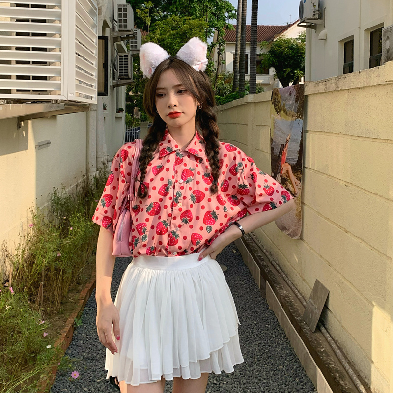 Áo Sơ Mi Nữ Tay Ngắn Dáng Rộng In Hình Quả Dâu Phong Cách Hàn Quốc