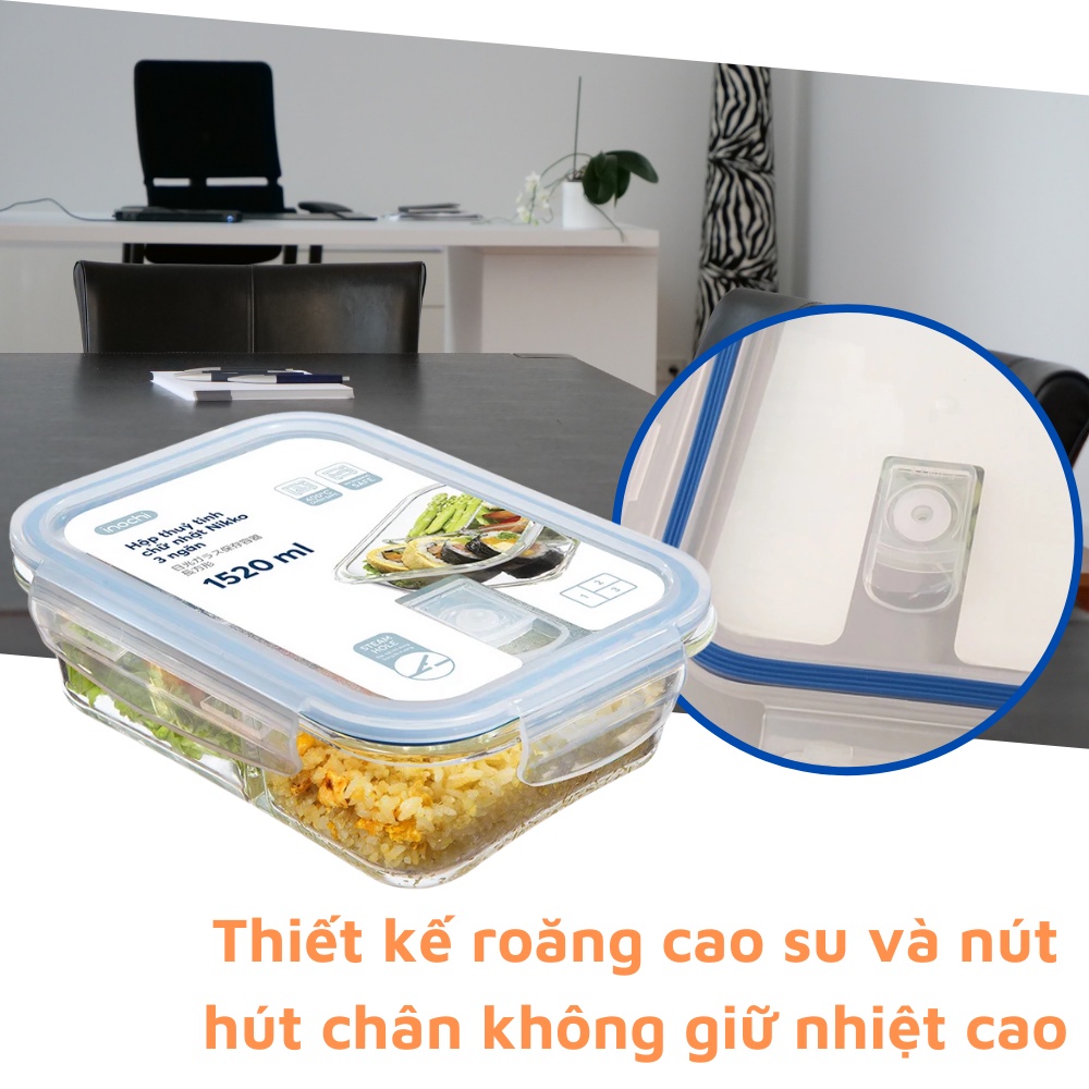 Hộp cơm văn phòng bằng thủy tinh chia ngăn chống tràn dùng được trong lò vi sóng inochi