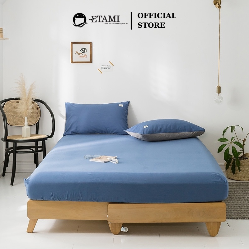 Bộ ga gối cotton tici ETAMI ga trải giường và 2 vỏ gối màu xanh biển miễn phí bo chun cho drap giường ga trải giường T01