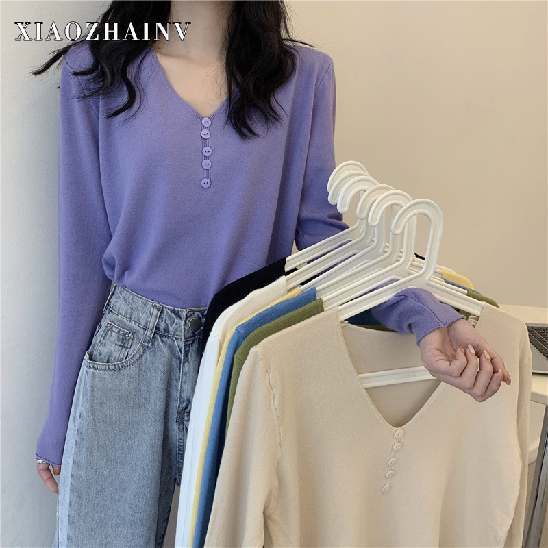 Xiaozhainv Áo Len Tay Dài Cổ Chữ V Form Rộng Phong Cách Hàn Quốc Dễ Phối Đồ