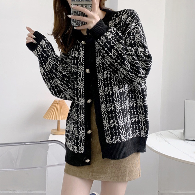 Áo Khoác Dệt Kim Tay Dài Cổ Tròn Họa Tiết Kẻ Sọc Thời Trang Mùa Thu Hàn Quốc Mới