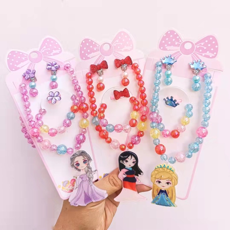 Bộ 5 món đồ trang sức vòng cổ nhẫn bông tai công chúa Elsa cho bé gái