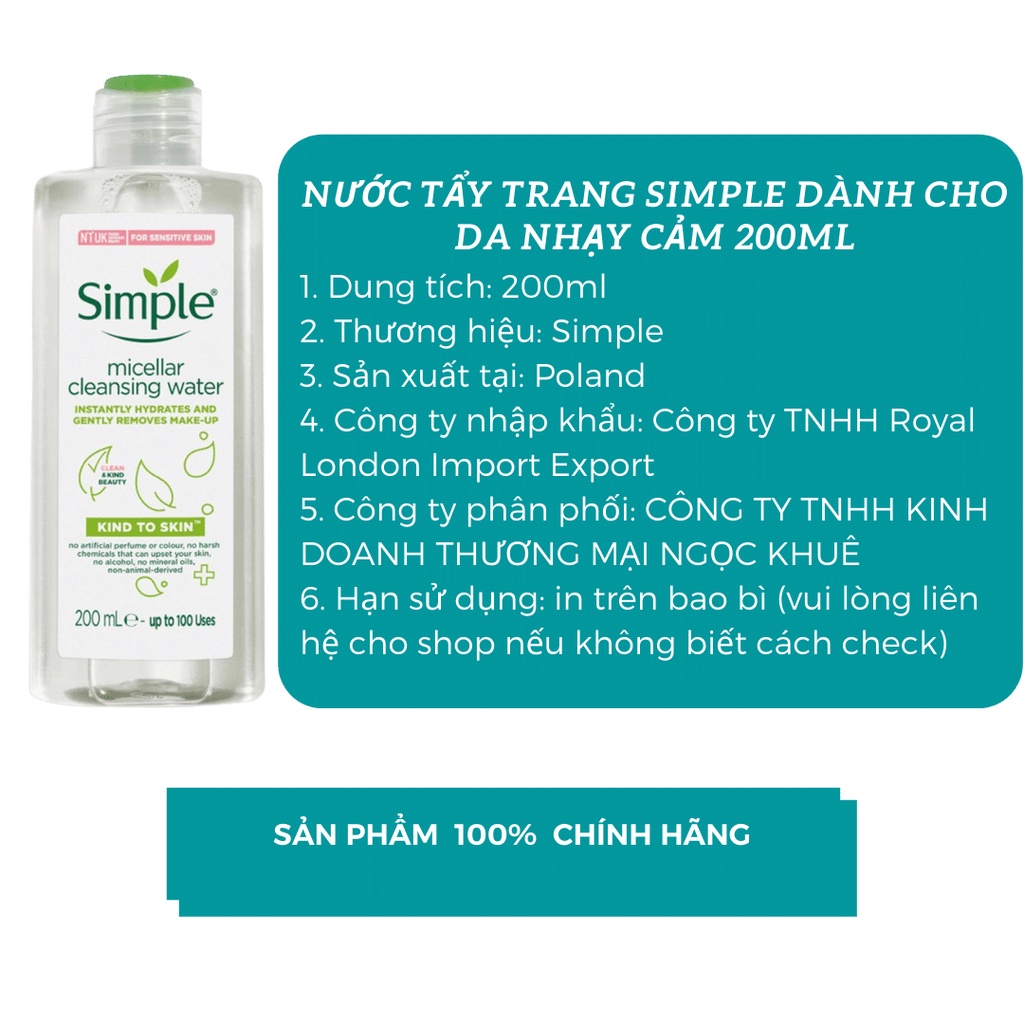 Nước tẩy trang Simple Kind to Skin Micellar Cleansing Water 200ml