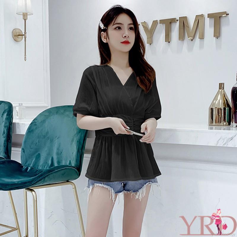 Áo kiểu chất Chiffon màu trơn thiết kế cổ chữ V phong cách Hàn Quốc thanh lịch