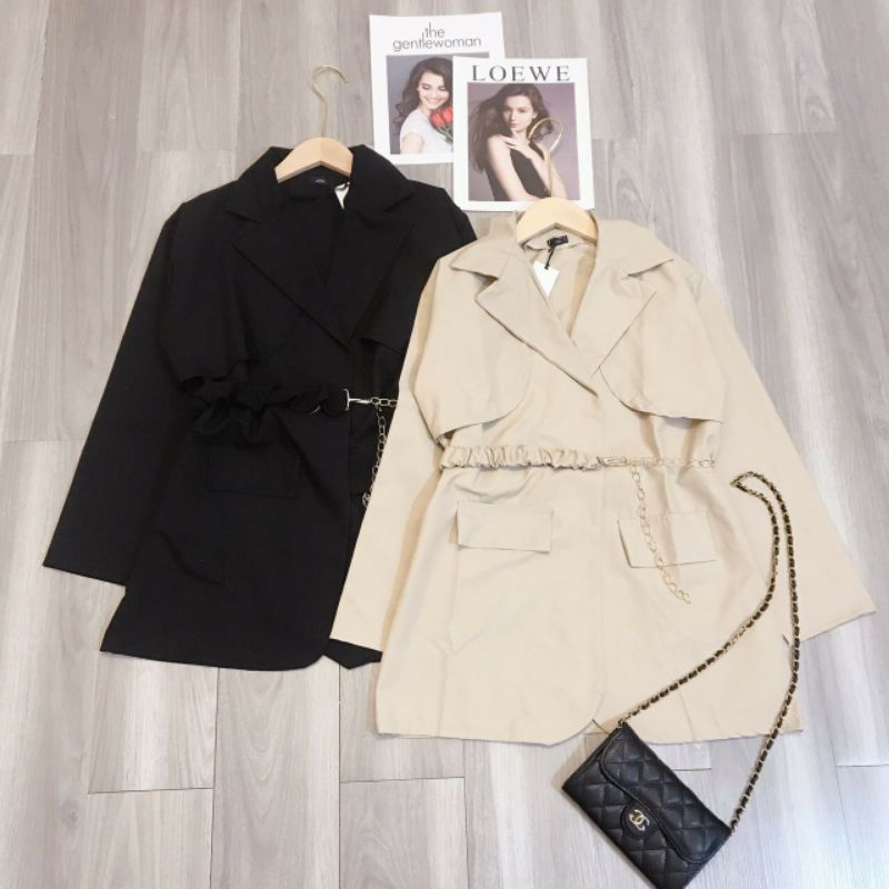 Áo khoác vest blazer thụng basic kèm xích đai mix rời from rộng về 2 màu đen, be nâu- Áo vest nữ 2 lớp chất tuyết mưa