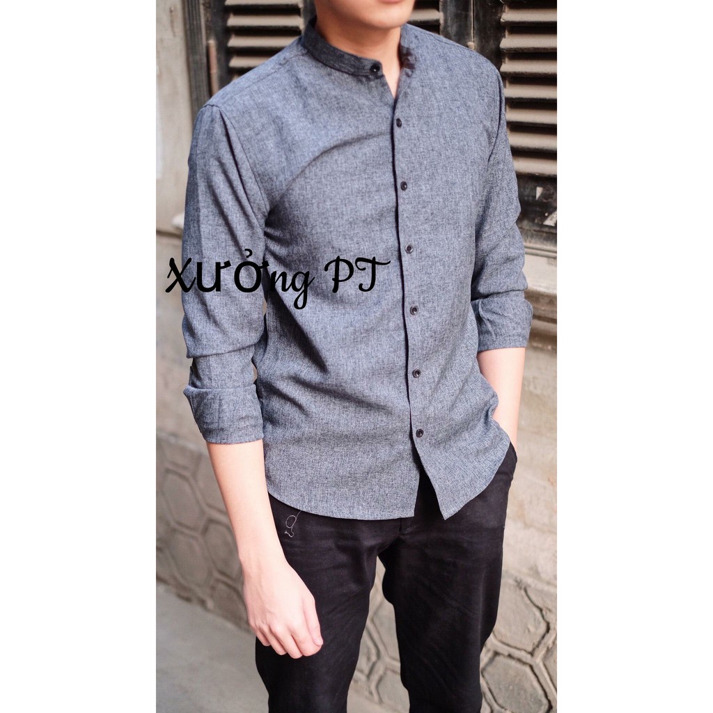 Áo sơ mi Nam cổ tàu Xám đậm chất đũi đẹp rụng rời