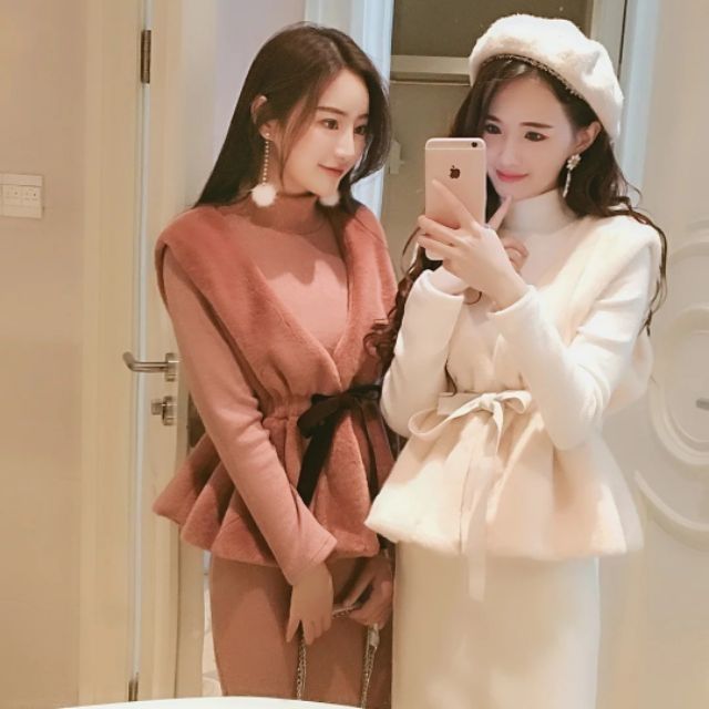Sét váy len áo gile lông