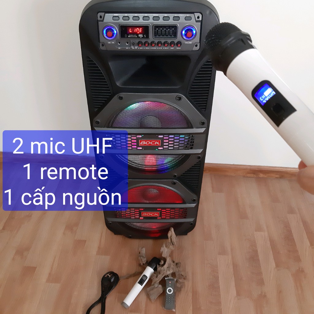 Loa kéo loa Bluetooth KaraOke 2 Bass 1 Treble kèm 2 Mic điều khiển có 2 đèn đổi màu