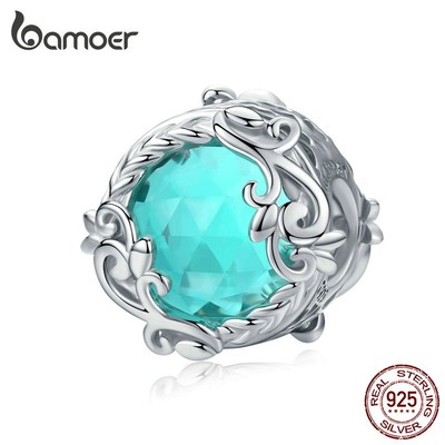 Hạt Xỏ Vòng Tay Bamoer Bsc105 Bằng Bạc 925 Hình Tròn Đính Đá Pha Lê Màu Xanh Ngọc