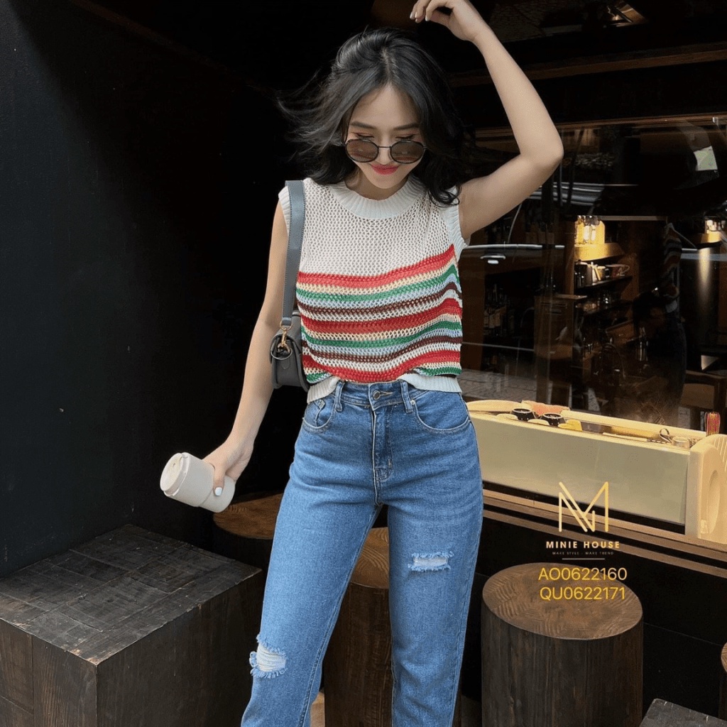 Áo Len Sọc Ngang Lưới Cầu Vồng Siêu Dễ Thương UP