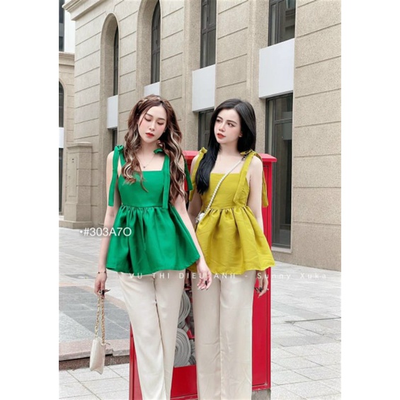 Set bộ ống rộng áo 2 dây xanh cột nơ xinh, Set áo babydoll 2 dây quần suông cạp chun đi biển