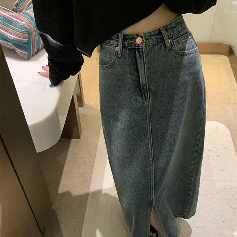 COZOK Chân váy jean Lưng Cao Xẻ Tà Phong Cách Vintage