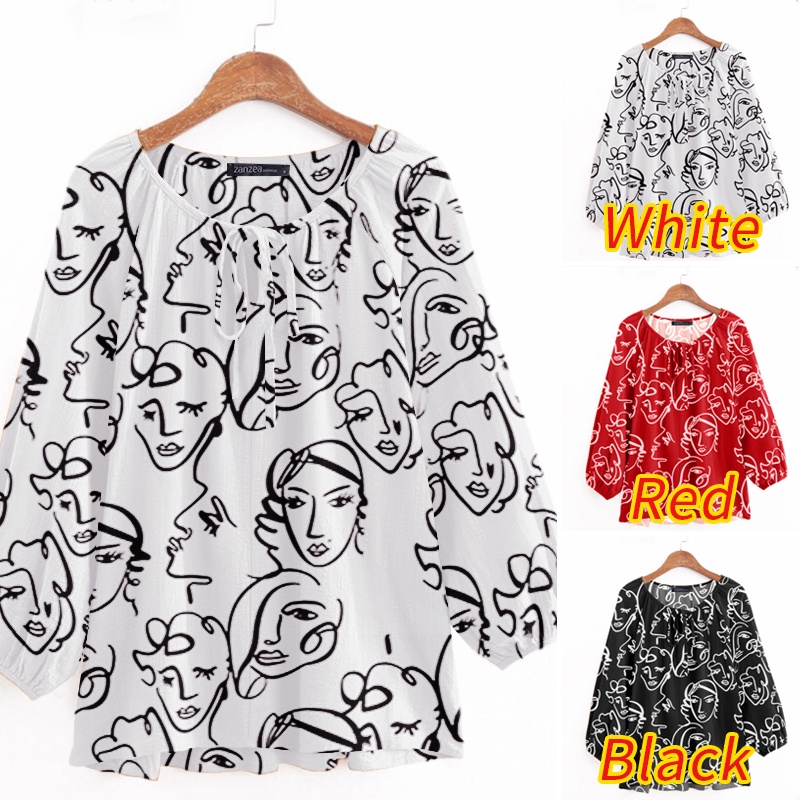 Áo Kiểu ZANZEA Tay Lửng 3/4 Cổ Tròn Cột Dây In Họa Tiết Mặt Cho Nữ