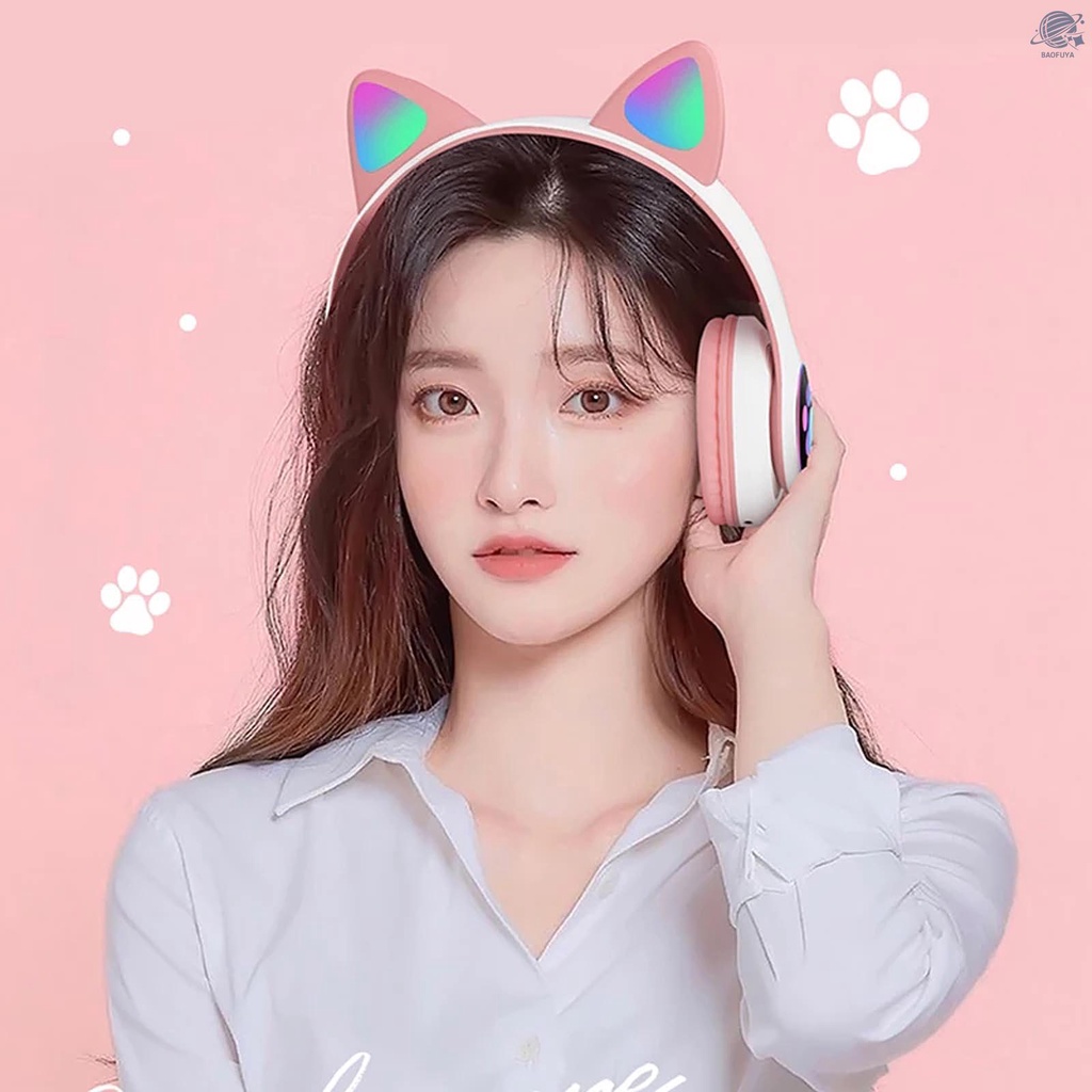 BF STN-28 Over Ear Music Headset Glowing Cat Ear Headphones Foldable Wireless BT5.0 Earphone with Mic AUX IN TF Card MP3 Player Colorful LED Lights for PC Laptop Computer Mobile Phone