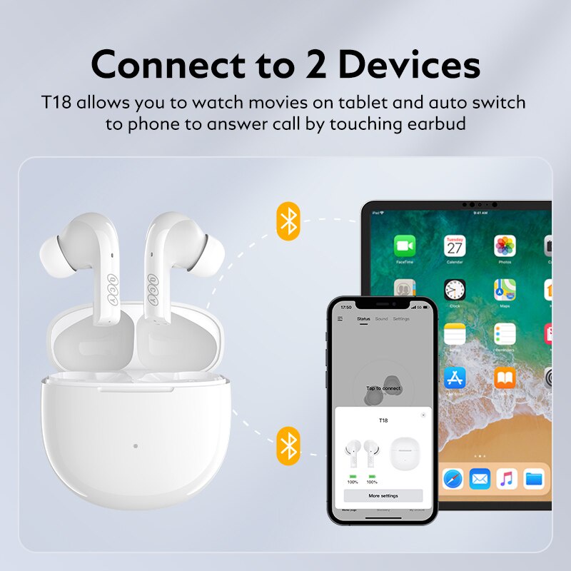 Mới Tai Nghe Không Dây QCY T18 Kết Nối Bluetooth V5.2 QCC3050 aptX Voice 32kHz 4 Mic CVC HD Kết Nối Với 2 Thiết Bị