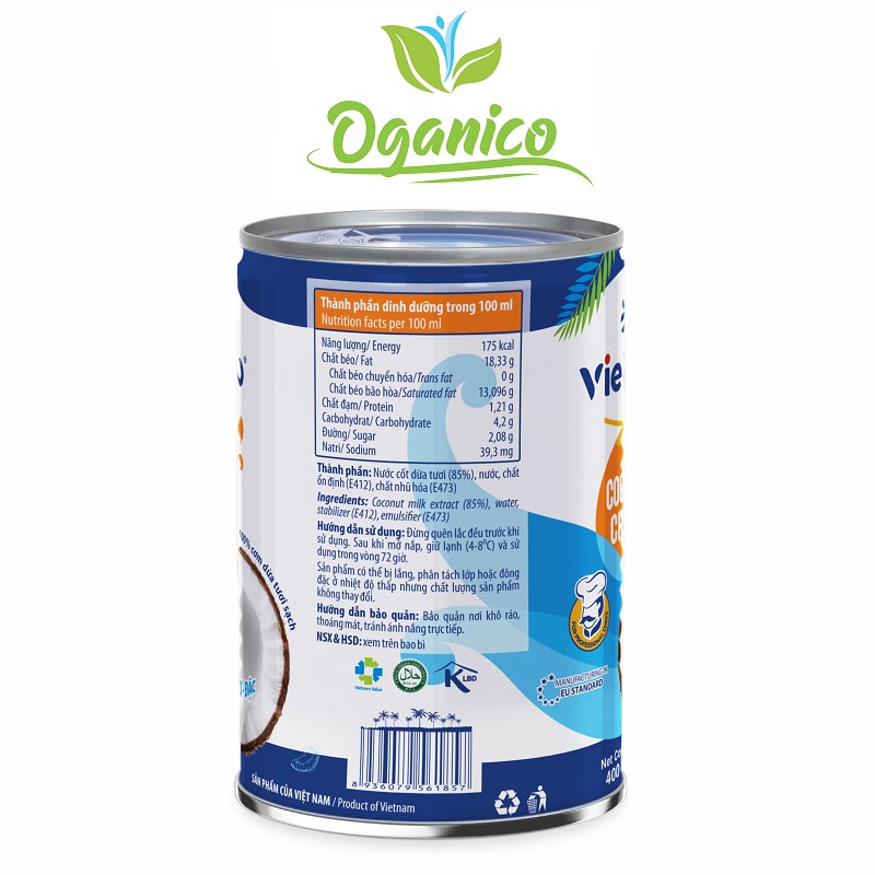 Nước cốt dừa Vietcoco coconut cream đóng hộp lon 400ml kho thịt, ăn chè, nấu ăn OGANICO