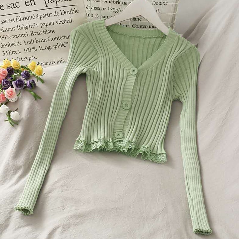 Women's Sexy V-neck Button Lace Ruffled Short Knitted Long Sleeved Cardigan | BigBuy360 - bigbuy360.vn