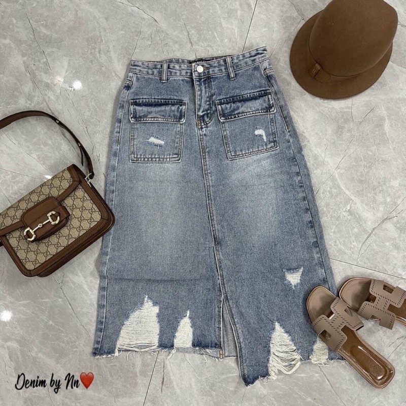 Ảnh Thật — Chân Váy Jean dài rách fom qua gối đủ size kèm ảnh thật shop chụp