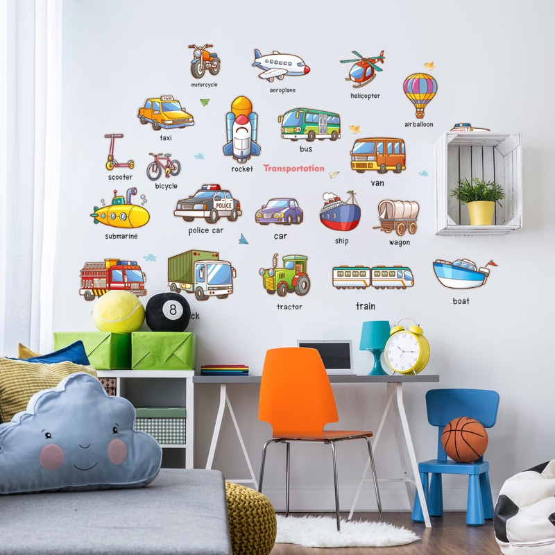 Decal dán tường hình phương tiện giao thông nhiều màu sắc học tiếng Anh