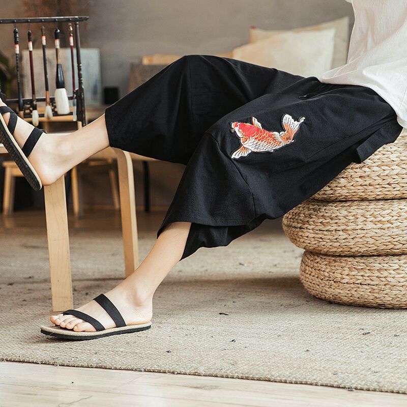 Quần Harem Vải Lanh Ống Rộng Thêu Họa Tiết Plus Size Phong Cách Trung Hoa Cho Nam