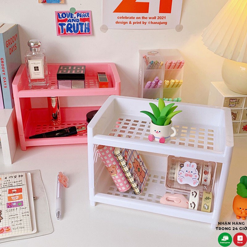 Kệ nhựa mini 2 tầng đựng đồ đa năng dày dặn chắc chắn, Khay đựng đồ mini bằng nhựa giá rẻ