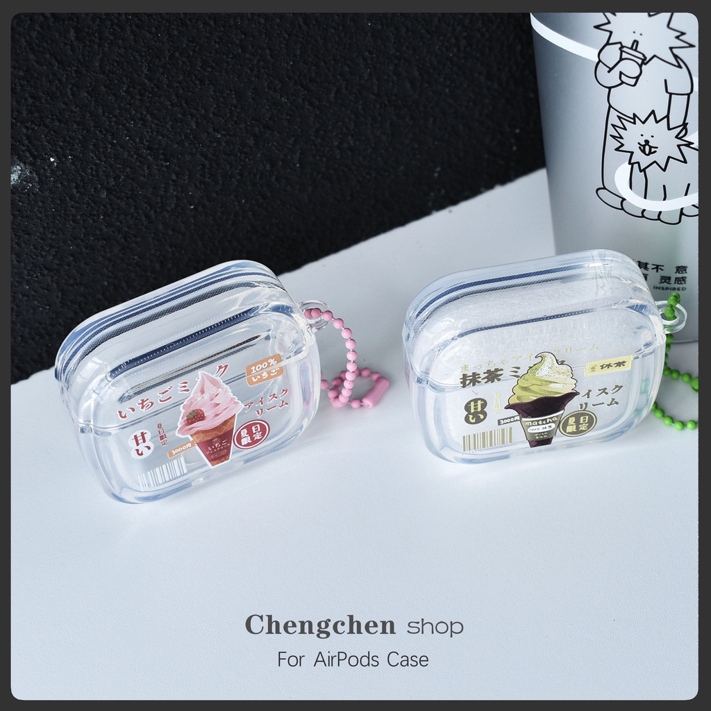 Vỏ Bảo Vệ Hộp Sạc Tai Nghe AirPods3 2021 / 3 / 3 Có Móc Khóa Hình Cây Kem / Matcha / Dâu Tây Dễ Thương Ốp