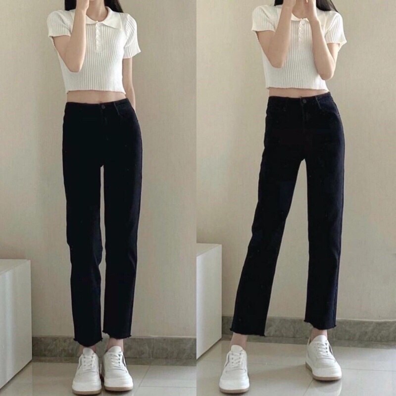 Quần jeans nữ ống đứng loe xuông, quần bò nữ lưng cao co dãn | WebRaoVat - webraovat.net.vn