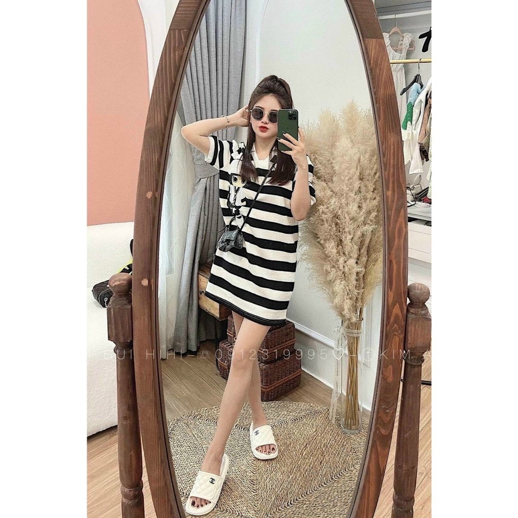Đầm suông rộng cổ V tay ngắn sọc ngang xinh hot hình búo bê bên cực cute