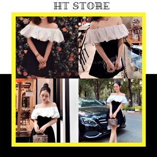 Đầm Nữ Trễ Vai Dáng Ngắn Vai Bèo Đen Trắng Phối Màu Chất Đũi Q052 - HT STORE