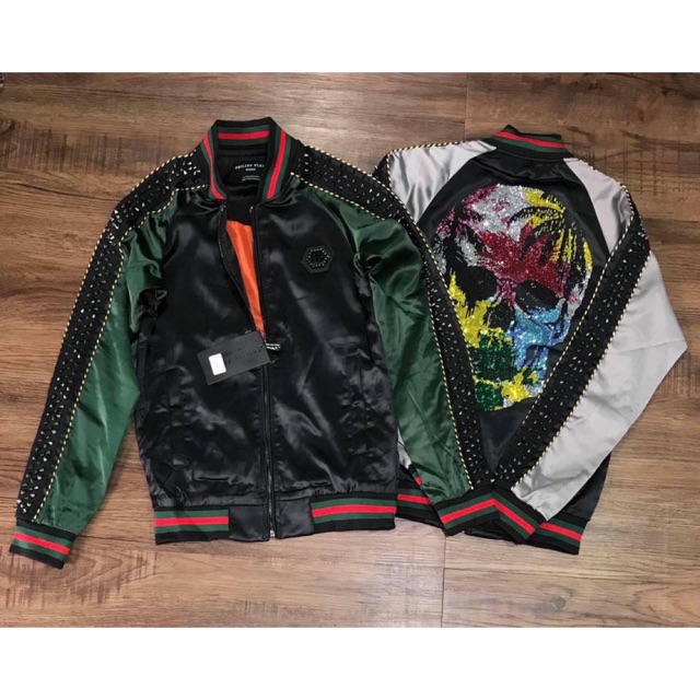 Áo bomber đính đá đầu lâu - Áo gió đính đinh tán hai vai chất đẹp ⇞ . * ^ '