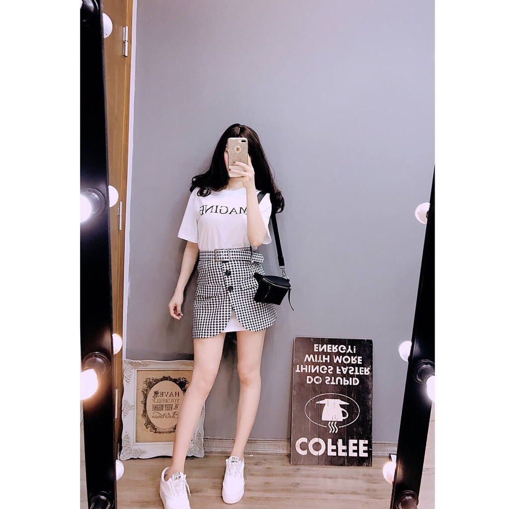 (Bỏ sỉ) Set: đầm thun in chữ IMAGINE+cv caro phối nút kèm nịt , hàng chuẩn shop siêu cute MÃ 1P07063255