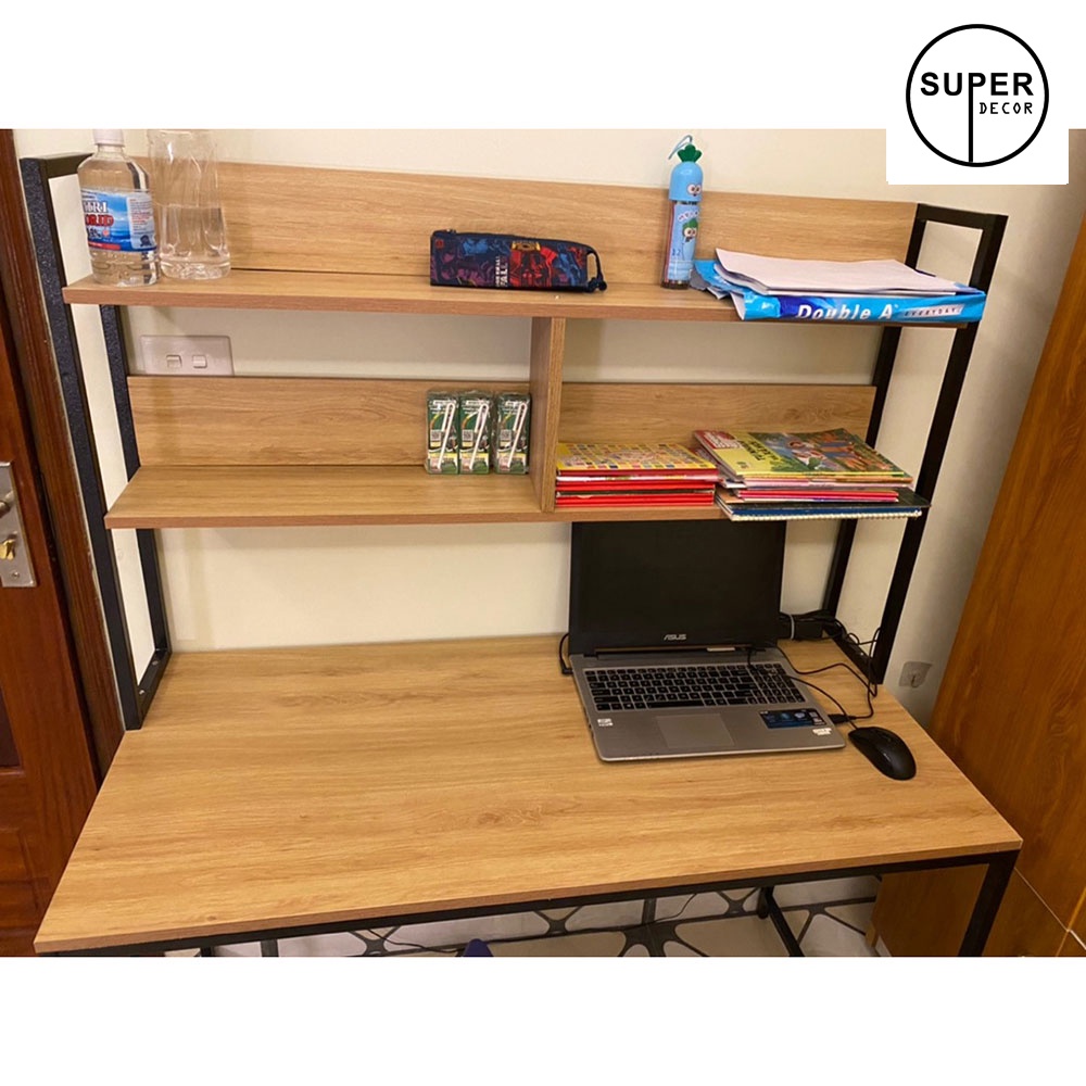 Bàn làm việc khung sắt kèm giá sách trên mặt bàn dễ dàng lắp ráp, khung sắt sơn tĩnh điện chắc chắn gỗ dày17mm