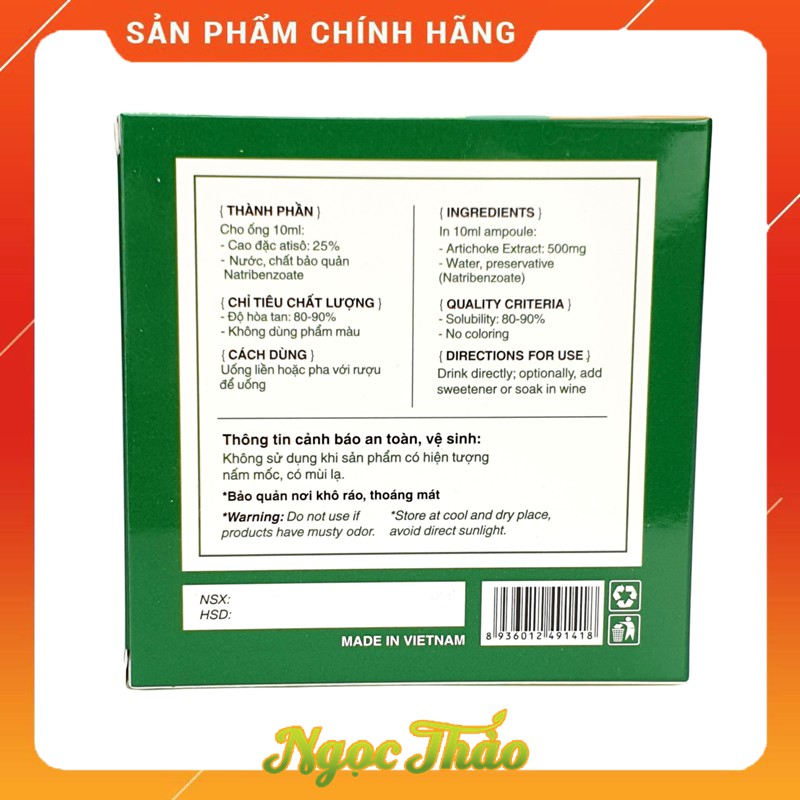 Hộp Cao Nước Atiso lá tươi uống liền (loại không đường) Ngọc Thảo - 10 ống 10ml