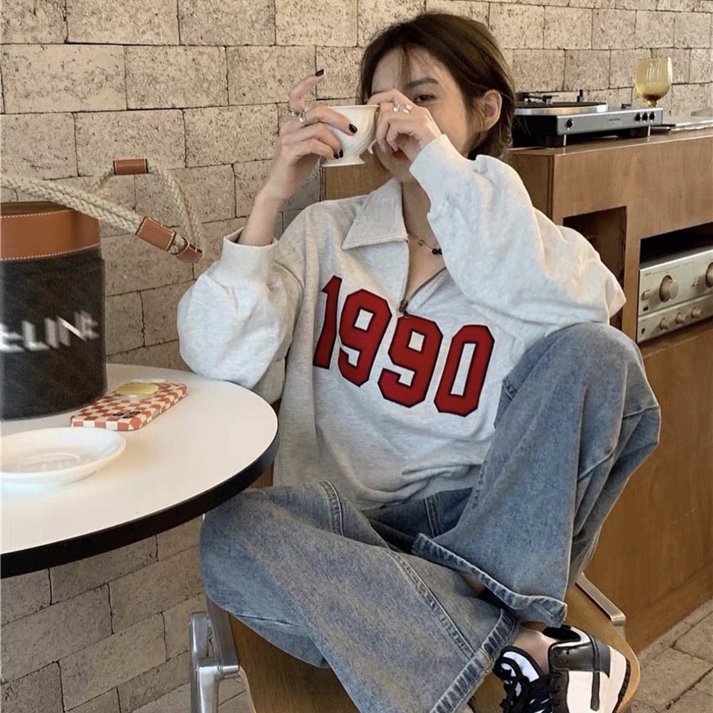 Áo Nỉ Cổ Cao 1990 Xám Xanh Khóa Kéo  Áo Sweater Nữ Polo Có Cổ form rộng tay bồng vintage, hoodie zip Ulzzang Mặc 2 Kiểu