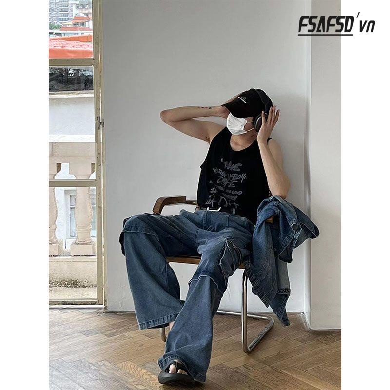 Quần Yếm Denim Dáng Rộng Phối Khóa Kéo Cá Tính