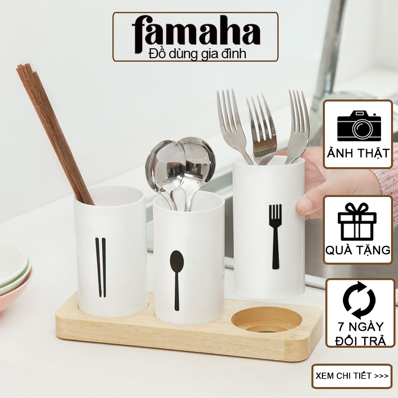 Bộ 3 ống cắm đũa muỗng nhà bếp cao cấp kèm đế gỗ sồi, ống cắm đũa thìa nhà bếp cao cấp đa năng FAMAHA