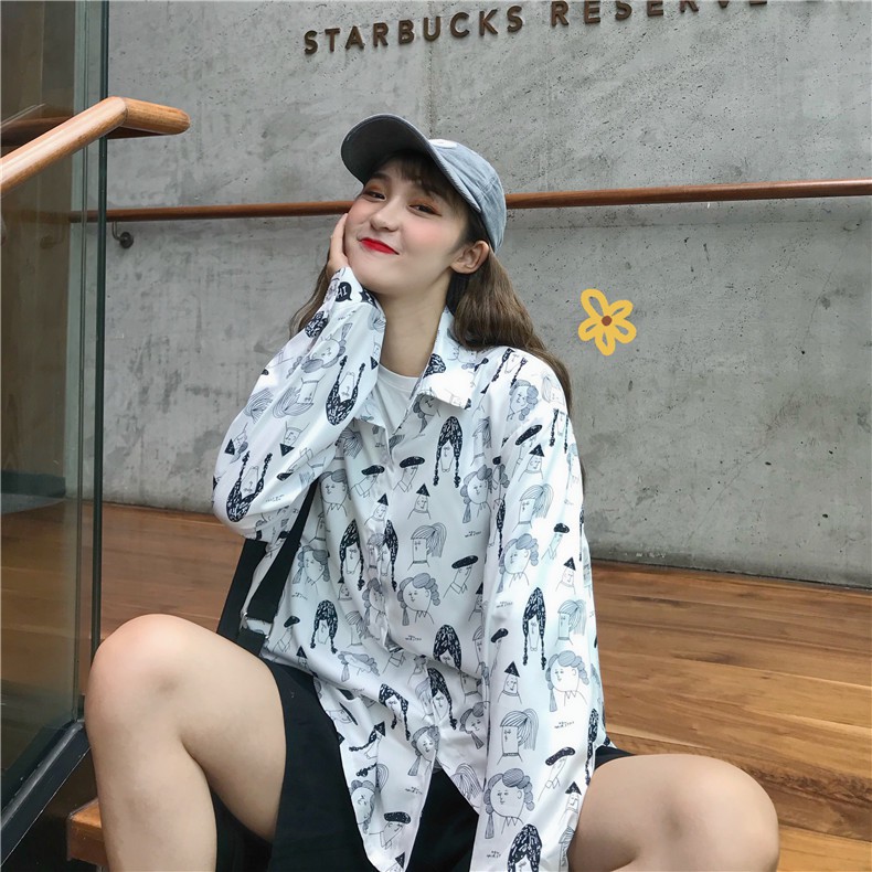 LEEVA - Áo sơ mi họa tiết nữ dài tay in hình năng động: GIRL
