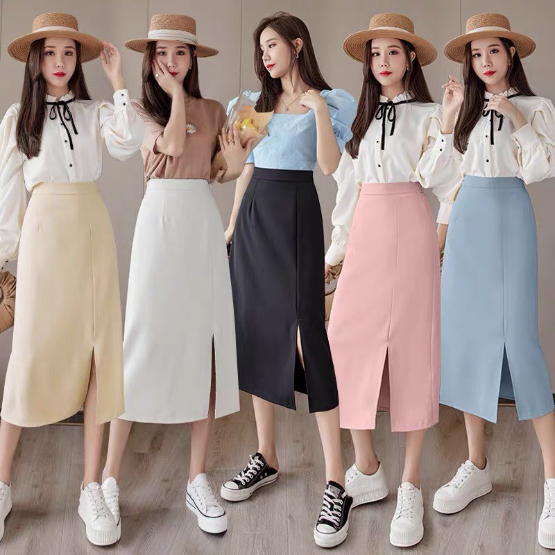 Chân váy dài qua gối 2 lớp xẻ đùi dáng chữ a cạp cao Xưởng may Lê Thanh đầm công sở nhiều màu