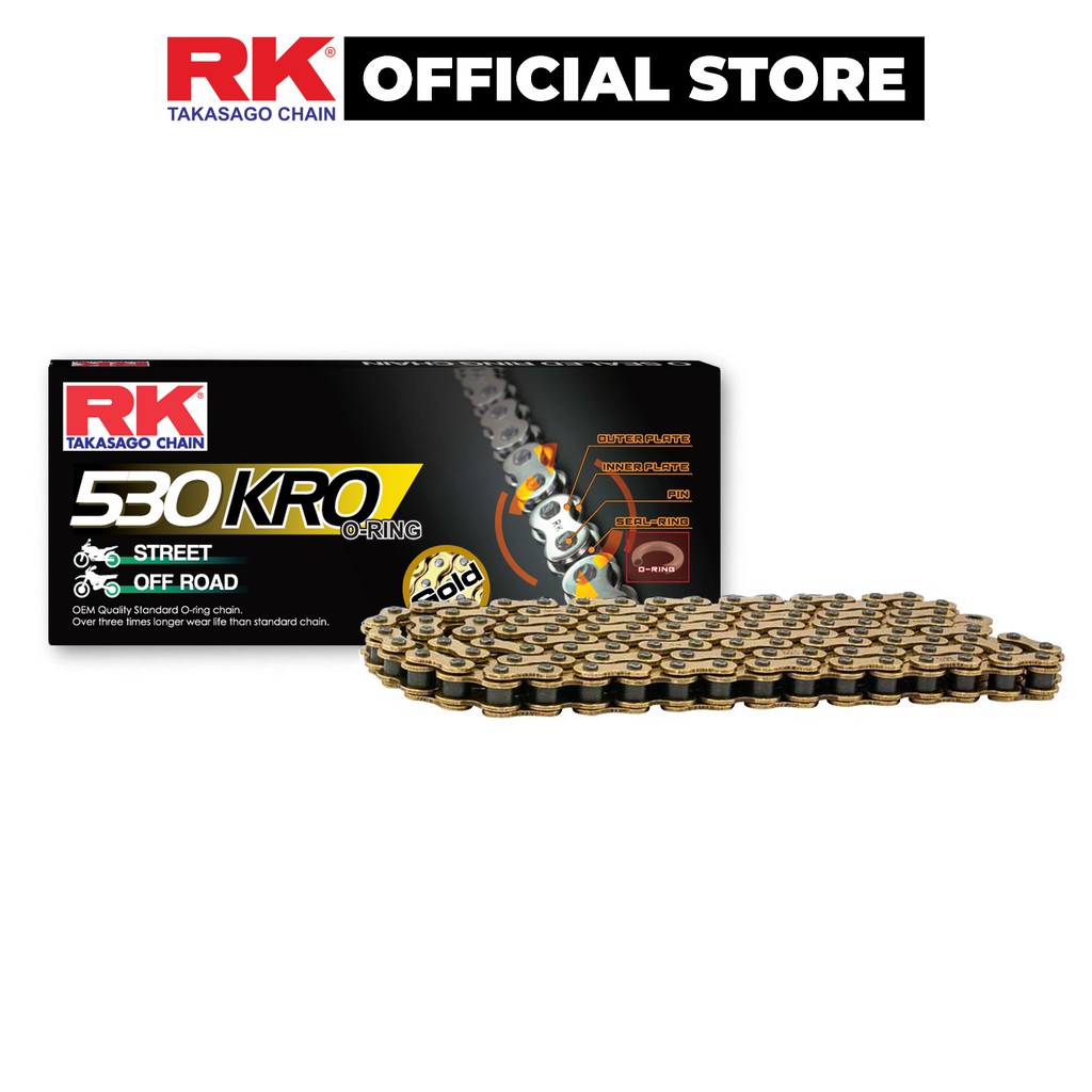 Sên xe phân khối lớn RK Takasago chain mã GB-530-KRO, màu vàng, phốt cao su O-ring, kích thước 530, 120 mắc sên