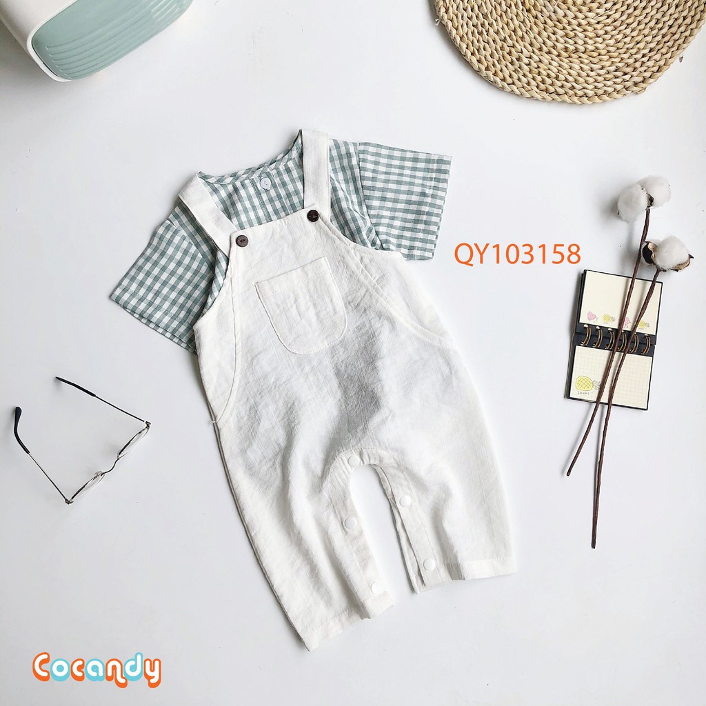 [Cocandy Official Store] Yếm quần chất liệu đũi màu trắng, áo thun kẻ cho bé