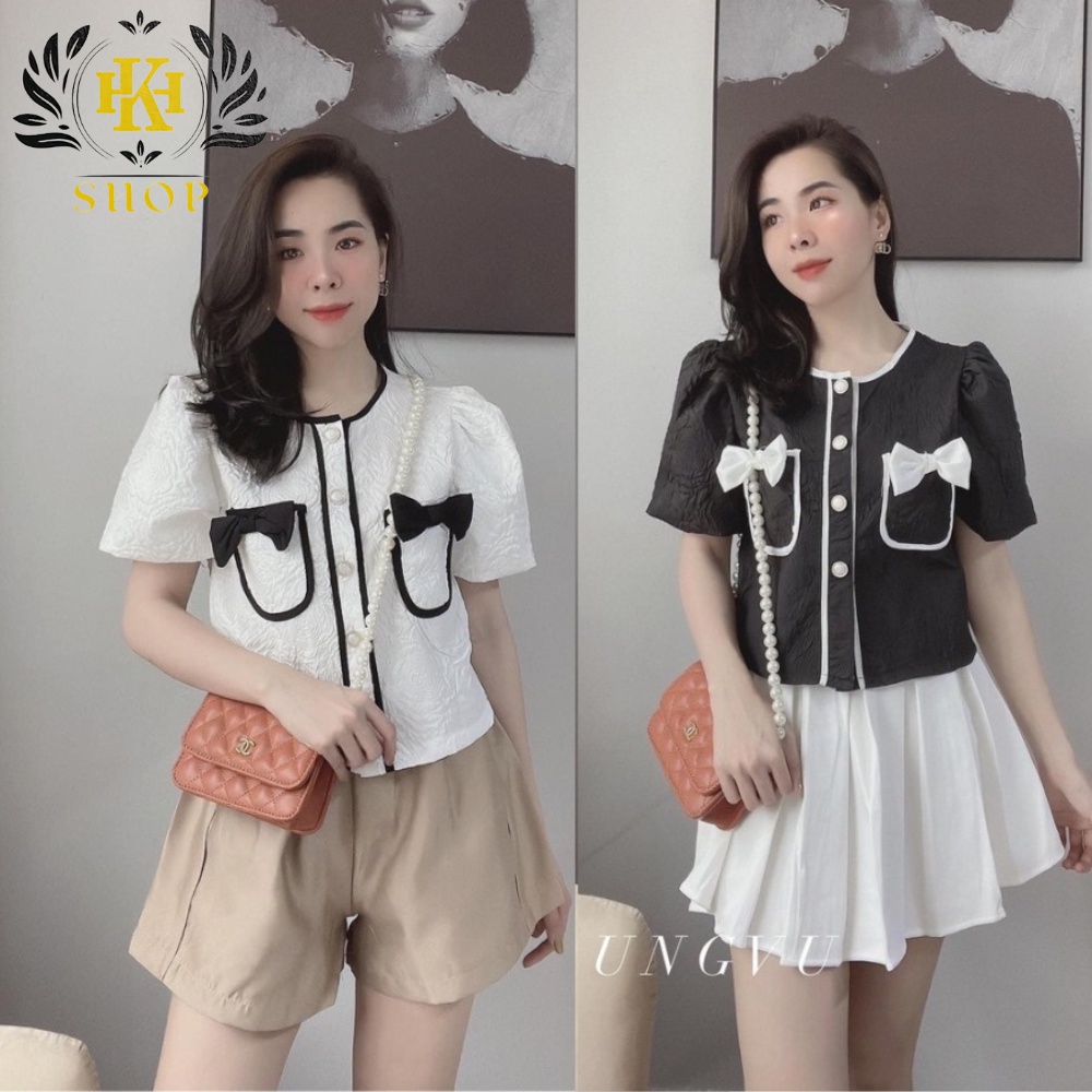 Áo Croptop - Áo Tay Phồng Ngắn Cổ Tròn Nơ Ngực Xinh Sắn Hk_shop9720