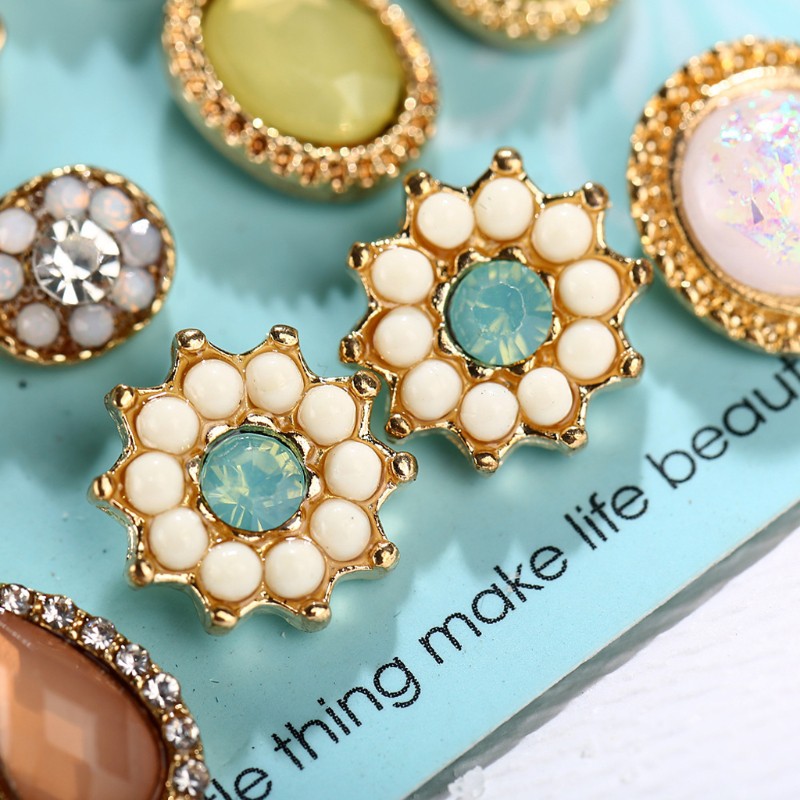 Set 6 bông tai kim loại đính đá phong cách Bô-hem dành cho nữ