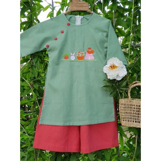 Áo Dài Trẻ Em Linen Xanh Vỏ Đỗ Thêu Phối Đỏ Đất