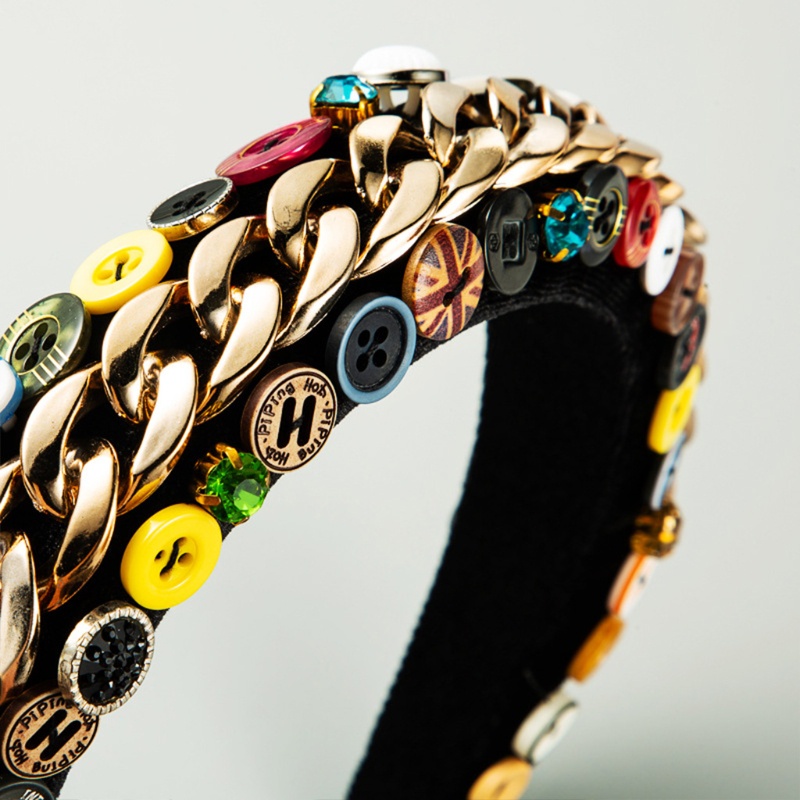 Băng Đô Cài Tóc Xốp Bọc Nhung Đính Nút Kim Loại Nhiều Màu Phong Cách Vintage