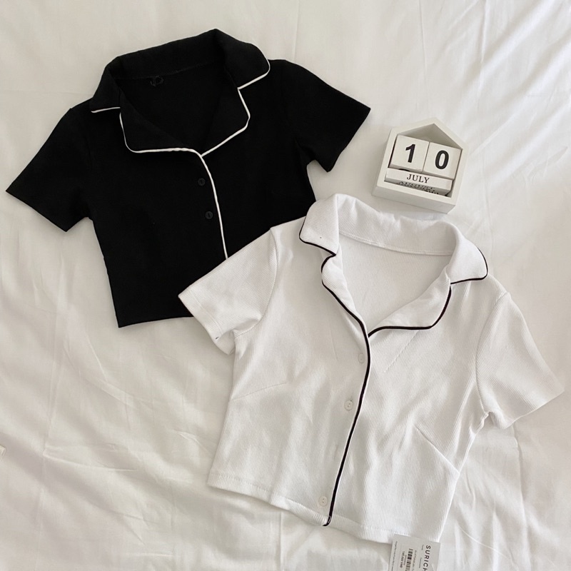 Áo croptop cổ Pijama viền